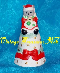 Image for Cat/Kitten Mrs Santa Claus Holding Rag Doll Dinner Bell Figural Bisque Christmas Holidays Table Decor Red Gift Bow Garlands Holly Berries Gold Stars <b><span style='color:red'> USPS PRIORITY MAIL SHIPPING INCLUDED – DOMESTIC ORDERS ONLY!</span></b><span style='color:purple'>